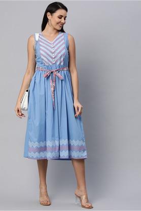 geometric-cotton-round-neck-women's-knee-length-dress---blue