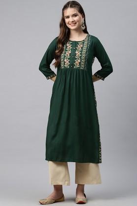 floral-rayon-round-neck-women's-kurti---green