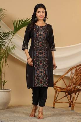 printed-calf-length-rayon-woven-women's-kurta-set---black