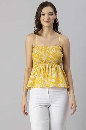 floral-cambric-square-neck-women's-top---yellow