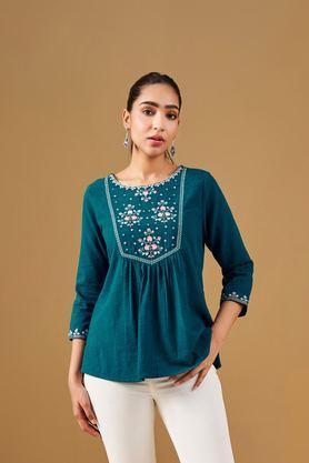 floral-cotton-round-neck-women's-top---teal