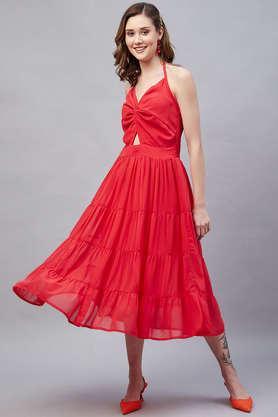solid-v-neck-georgette-women's-midi-dress---red
