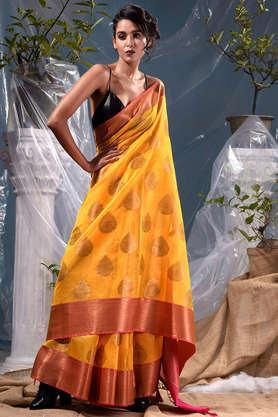 yellow-and-antique-zari-weaved-cotton-silk-saree-with-traditional-zari-mughal-buta-and-border-pattern-with-blouse-piece---yellow
