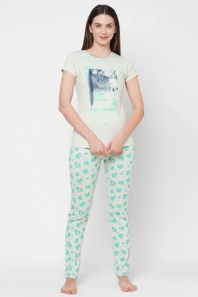 printed-cotton-blend-regular-fit-womens-sleepwear-set---ecru
