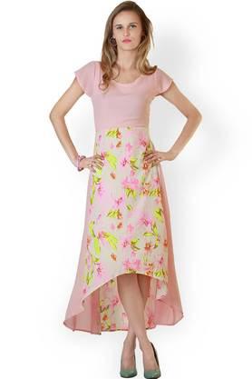 printed-crepe-round-neck-women's-knee-length-dress---pink