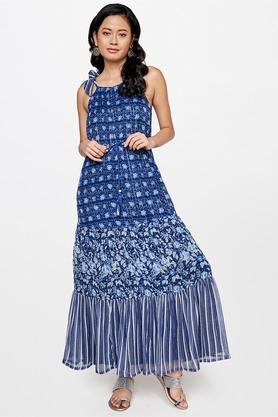 floral-polyester-round-neck-women's-gown---indigo