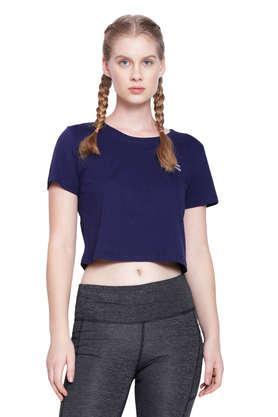 printed-cotton-round-neck-women's-t-shirt---navy