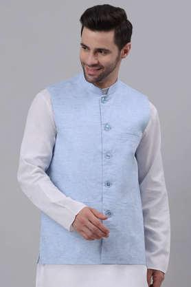 solid-cotton-linen-blend-regular-fit-men's-nehru-jacket---blue