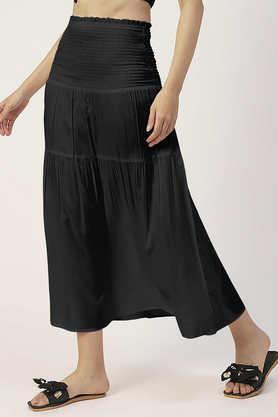women's-solid-viscose-rayon-casual-skirt-high-waist-smocked-midi-skirt---black