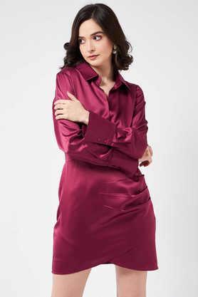 solid-polyester-collar-neck-women's-maxi-dress---wine
