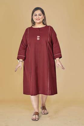 solid-cotton-round-neck-women's-midi-dress---maroon