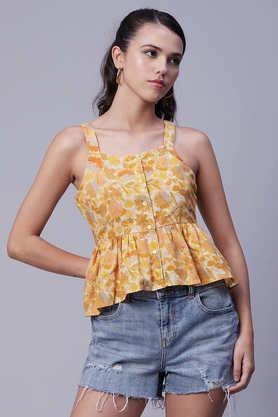 floral-cambric-square-neck-women's-top---yellow