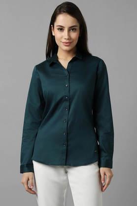 solid-v-neck-cotton-women's-casual-wear-shirt---dark-green
