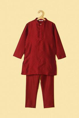 printed-poly-blend-mandarin-collar-boy's-kurta-pyjama-set---red