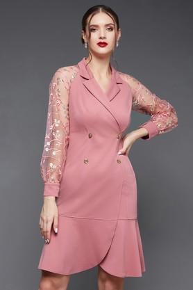 solid-polyester-v-neck-women's-knee-length-dress---pink
