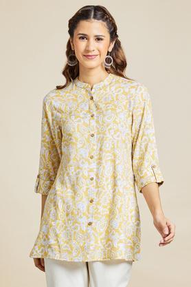 printed-poly-rayon-mandarin-women's-casual-wear-tunic---yellow