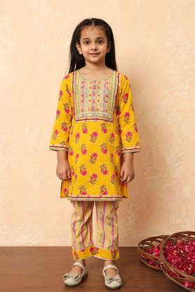 floral-cotton-regular-fit-girls-kurta-set---yellow