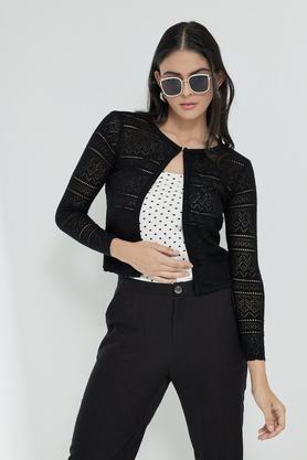 solid-round-neck-acrylic-women's-cardigan---black