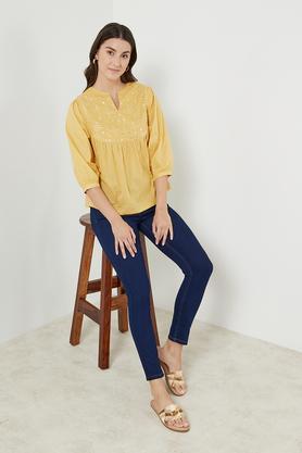 embroidered-cotton-slub-mandarin-women's-casual-wear-tunic---yellow