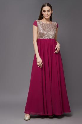 embellished-georgette-round-neck-women's-knee-length-dress---pink