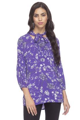 womens-tie-up-neck-floral-print-tunic---purple