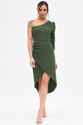 solid-polyester-one-shoulder-women's-midi-dress---olive