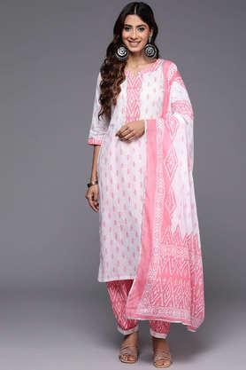 printed-calf-length-cotton-woven-women's-kurta-set---white