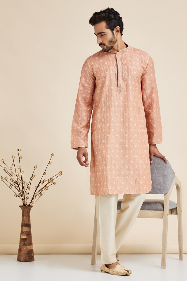printed-poly-silk-mens-festive-wear-kurta---peach