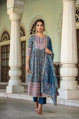 printed-calf-length-silk-woven-women's-kurta-set---teal