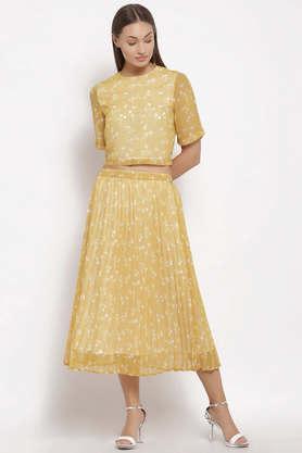 printed-polyester-flared-fit-women's-skirt---mustard