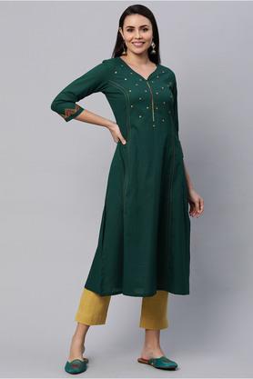 solid-cotton-round-neck-womens-casual-kurta---green