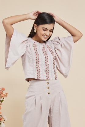 embroidered-cotton-blend-round-neck-womens-casual-wear-tunic---natural