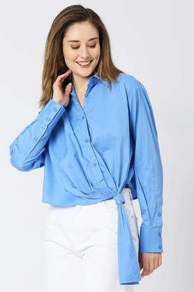 solid-collar-neck-cotton-women's-casual-wear-shirt---blue