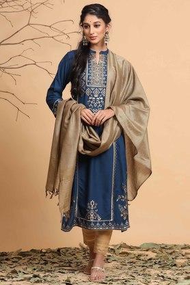 ethnic-motifs-mandarin-collar-straight-fit-women's-kurta-dupatta-set---teal
