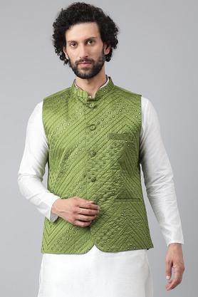 embroidered-polyester-blend-regular-fit-mens-nehru-jacket---green