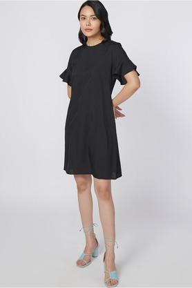 solid-round-neck-polyester-women's-straight-fit-mini-dress---black