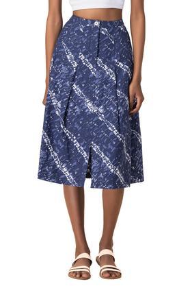 regular-fit-calf-length-cotton-women's-fusion-wear-skirt---blue