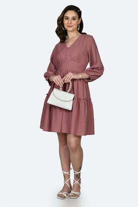 solid-polyester-v-neck-women's-mini-dress---pink