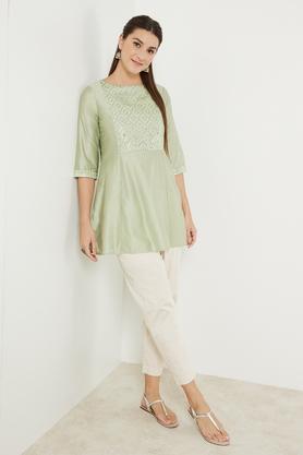 embroidered-rayon-mandarin-women's-tunic---green