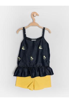 embroidered-cotton-blend-round-neck-girls-top-bottom-set---indigo