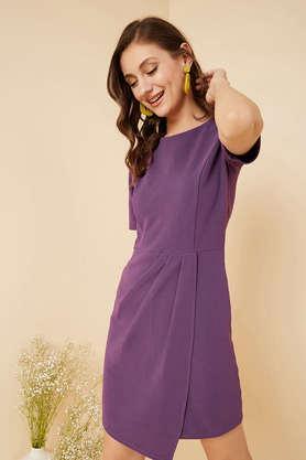 solid-round-neck-polyester-stretch-women's-mini-dress---purple