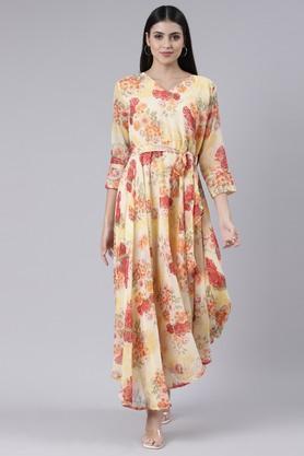 floral-chiffon-v-neck-women's-ethnic-dress-with-a-belt---yellow