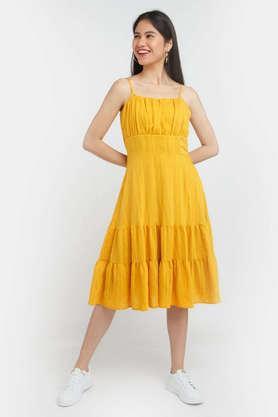 solid-square-neck-polyester-women's-dress---yellow