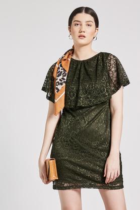 patterned-polyester-regular-fit-women's-knee-length-dress---olive