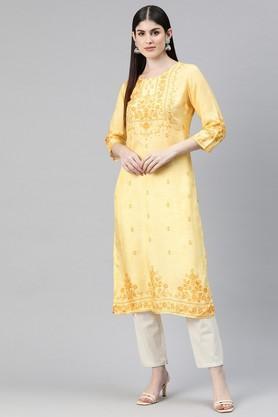 floral-rayon-round-neck-women's-kurti---yellow