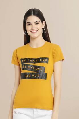 typographic-cotton-round-neck-women's-t-shirt---yellow