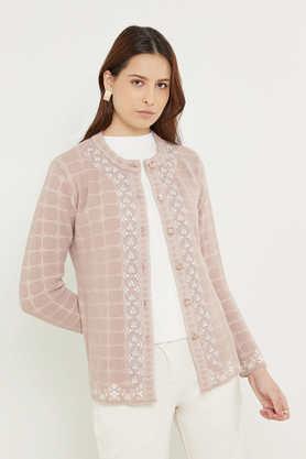 embroidered-round-neck-blended-fabric-women's-winter-wear-cardigan---pink