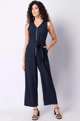 solid-sleeveless-polyester-women's-regular-length-jumpsuit---blue