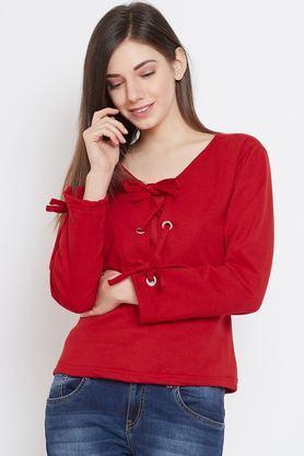 solid-blended-v-neck-women's-sweatshirt---red