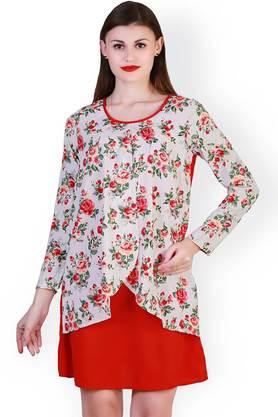 printed-crepe-round-neck-women's-knee-length-dress---red
